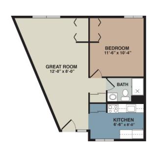 A schematic floor plan showing an apartment with a great room, bedroom, bathroom, and kitchen.