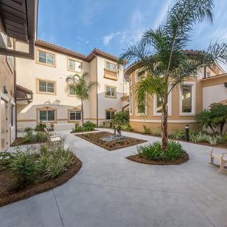 A spacious outdoor courtyard with landscaped gardens and palm trees surrounded by a multi-story building.