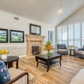A cozy and elegantly designed living room featuring a fireplace, modern furniture, and decorative elements.