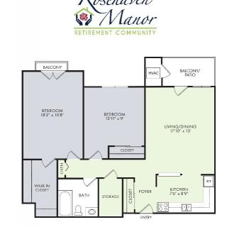 Floor plan of a two-bedroom apartment at Rosebush Manor.