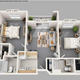 A 3D rendered floor plan of a two-bedroom apartment, featuring a living room, kitchen, and bathroom.