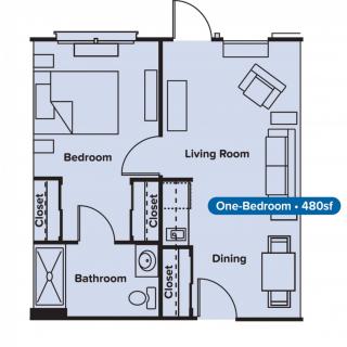 One-bedroom apartment floor plan with living room, bedroom, bathroom, and dining area.