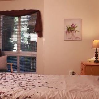 Cozy bedroom with natural light and simple decor.
