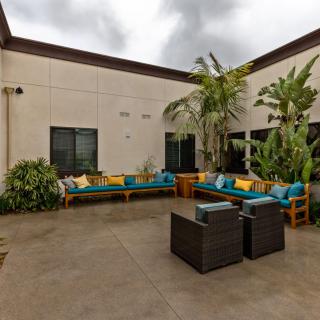 A cozy outdoor patio featuring colorful seating with cushions and surrounding plants.