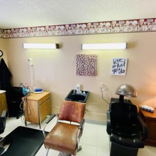 A cozy hair salon interior featuring styling chairs, a wash station, and a classic hair dryer.