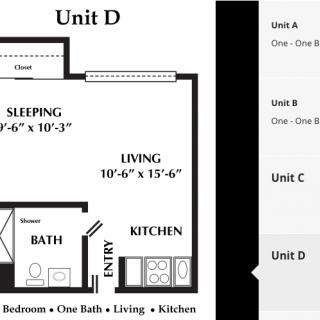 Floor plan of Unit D, featuring a studio layout with distinct areas for living, kitchen, and bathroom.