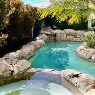 A serene backyard pool surrounded by rocks and a palm tree.