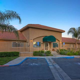 A suburban residential building with a driveway and palm trees.