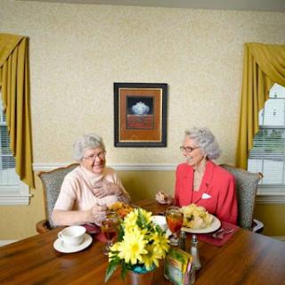Two seniors enjoying a lunch together, sharing smiles and conversation.