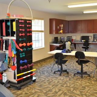 A well-equipped rehabilitation room featuring various exercise tools and an organized workspace.