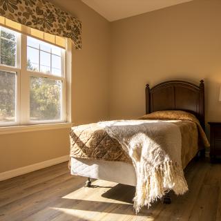 A cozy bedroom with a single bed bathed in natural sunlight from a large window.