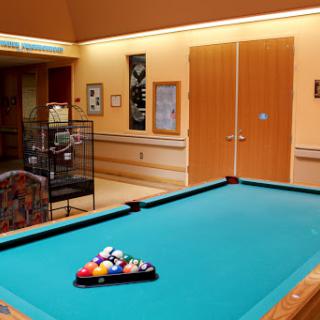 A recreational space featuring a pool table ready for a game.