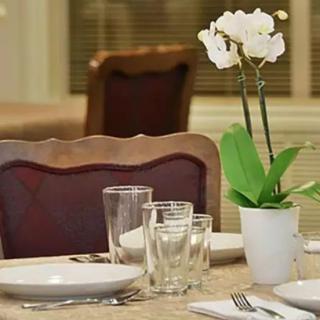 A dining table elegantly set with plates, glasses, and a white orchid centerpiece.