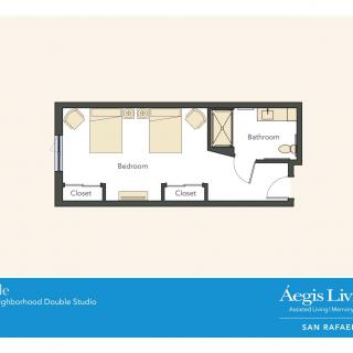 Floor plan of a studio apartment layout with bedroom and bathroom.