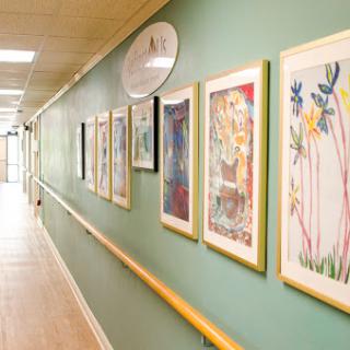 A bright hospital hallway featuring framed artwork on green walls.