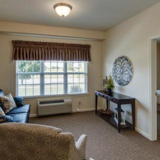 A cozy living room with a sofa, window, and decorative elements.