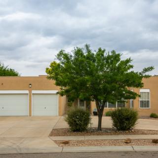 A suburban house with a two-car garage and a tree in the front yard under a cloudy sky.