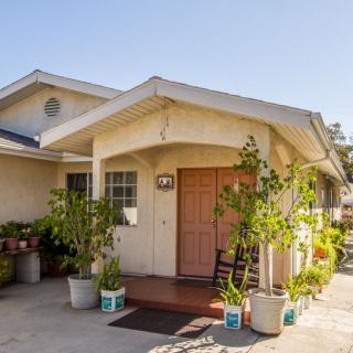 A welcoming house entrance with several potted plants adorning the front porch.