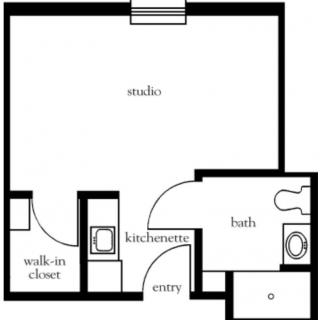 A floor plan of a studio apartment with a kitchenette, bath, and walk-in closet.
