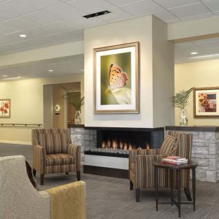 A beautifully designed lobby with comfortable seating and tasteful artwork.