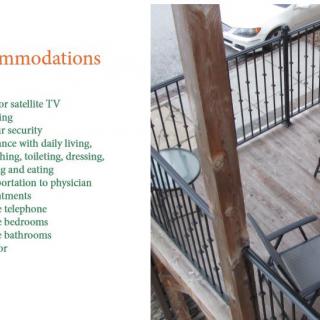 A list of accommodations and an outdoor terrace with seating.
