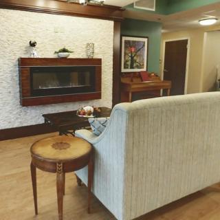 A cozy living room with a modern fireplace, comfortable sofa, and elegant decor.