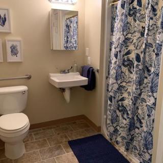 A neatly arranged bathroom with a blue and white shower curtain, wall-mounted sink, and decorative elements.