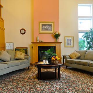A cozy living room featuring two sofas, a fireplace, and a richly patterned carpet.