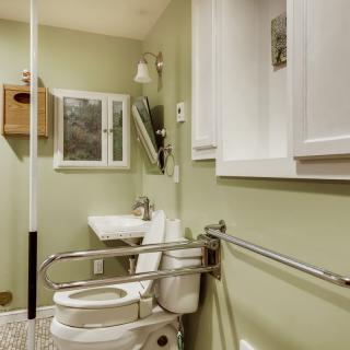 An accessible bathroom with green walls, featuring a toilet equipped with grab bars, a sink, and a mirror.