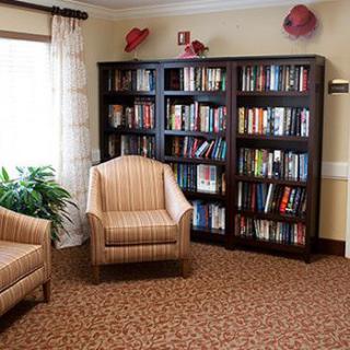 Cozy reading nook with bookshelves filled with books and comfortable armchairs.