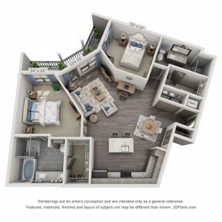 A 3D rendering of a two-bedroom apartment floor plan showcasing the interior layout with living room, kitchen, and bathroom.