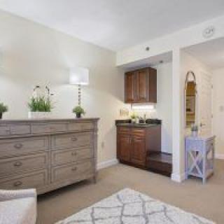 A cozy bedroom interior with a dresser, lamp, and decorative plants.