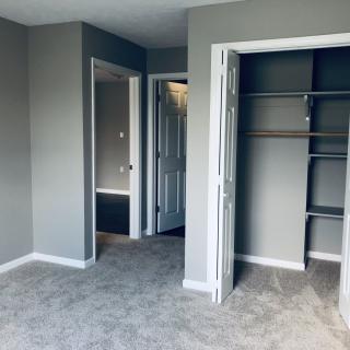 An empty room with grey walls, an open closet, and carpeted flooring.
