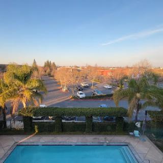 A serene view of a pool area adjacent to a boat dock, surrounded by palm trees and bathed in the warm light of sunset.