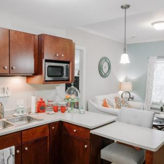 A modern and cozy kitchen with an open layout to the living room, featuring wooden cabinets and contemporary decor.