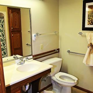 A tidy bathroom featuring a sink, toilet, and mirror with clean decor.