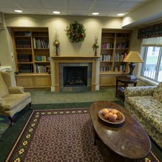 A cozy living room with a fireplace, surrounded by bookshelves and comfortable seating.