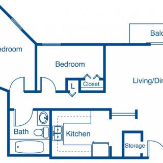 Two-bedroom apartment floor plan with a bathroom, kitchen, living/dining area, and balcony.