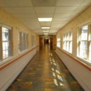 A long, well-lit hallway with windows on one side.