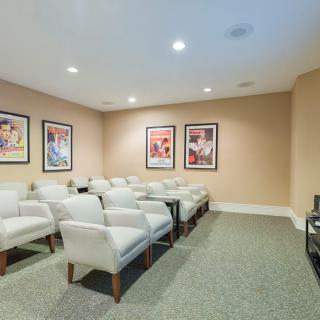 A cozy home theater with plush seating and classic movie posters on the wall.