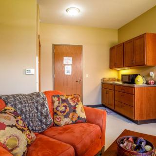 A cozy living room with a vibrant sofa and a small kitchenette in the background.