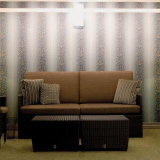 A modern living room with a stylish sofa and accent pillows against a textured wall.