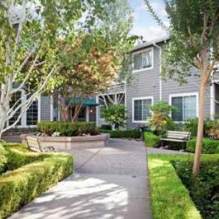 A scenic view of a building surrounded by lush greenery and pathways.