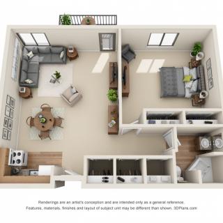 A 3D floor plan of a one-bedroom apartment, featuring a living room, bedroom, kitchen, and dining area.