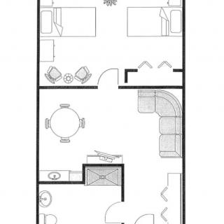 A simple architectural floor plan displaying a basic layout of rooms and furniture.