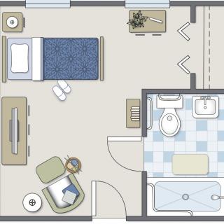 A detailed floor plan of a small apartment featuring a bedroom and a bathroom.