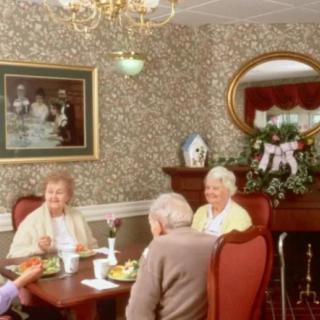 Seniors enjoying a meal together in a cozy dining room.