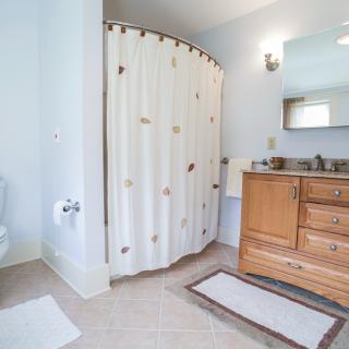 A clean and bright bathroom with a shower, toilet, and wooden vanity.