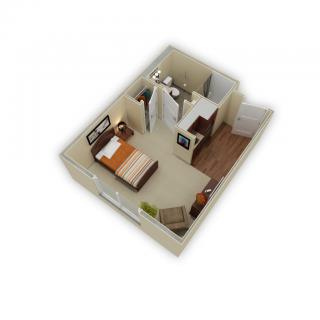 3D floor plan of a one-bedroom apartment layout.