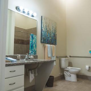 A modern bathroom with a sink, mirror, and artwork on the wall.